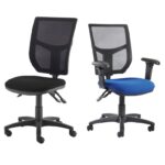 One black Altino mesh back operator chair chair in black with no arms and one in blue with black armrests.