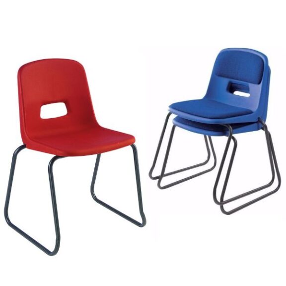 Red GH20 skidbase chair next to a stack of 2 blue skidbase chairs with seat and back pads on a white background.