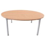 GOPAK round enviro table with beech top and four silver legs.