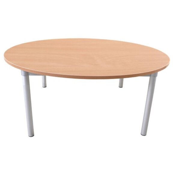 GOPAK round enviro table with beech top and four silver legs.