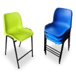 Stool with lime green plastic seat and black metal frame next to a stack of 3 blue stools.