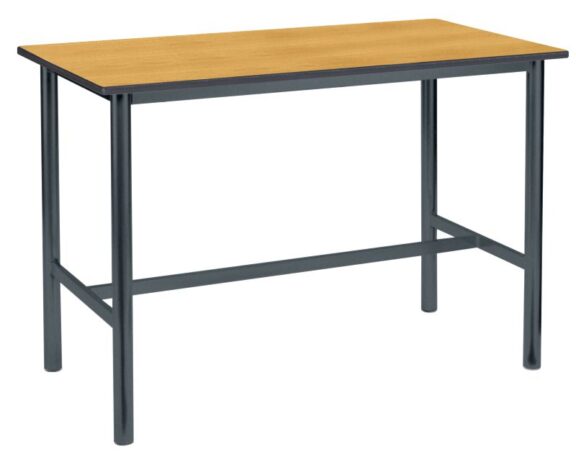 Rectangular H frame craft table with oak top, charcoal duraform edge and black chunky frame.