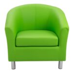 Modern vibrant lime green vinyl tub chair with chrome feet on a white background.