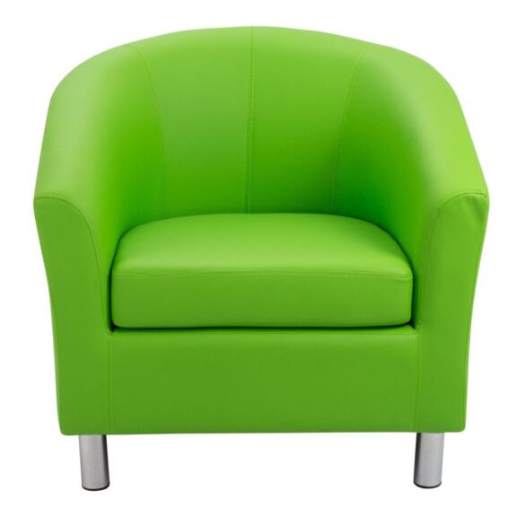 Modern vibrant lime green vinyl tub chair with chrome feet on a white background.