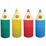 Set of 4 colourful pencil shaped large plastic outdoor bins with hole in on a white background.