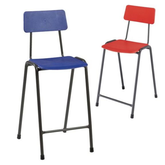 Blue and red MX classic lab stools with back with black frames on a white background.