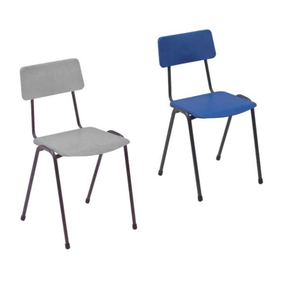 Grey Remploy MX24 two piece classroom chair with charcoal frame next to a blue chair with charcoal frame.