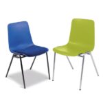 Remploy MX70 blue chair with linking device next to a lime green MX70 chair with silver frame.
