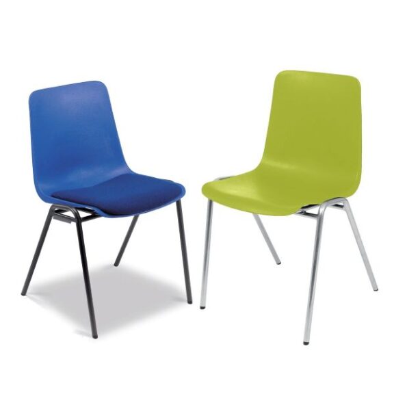 Remploy MX70 blue chair with linking device next to a lime green MX70 chair with silver frame.