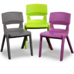 Trio of slate grey, lime zest and grape crush Postura Plus all plastic classroom chairs on a white background.
