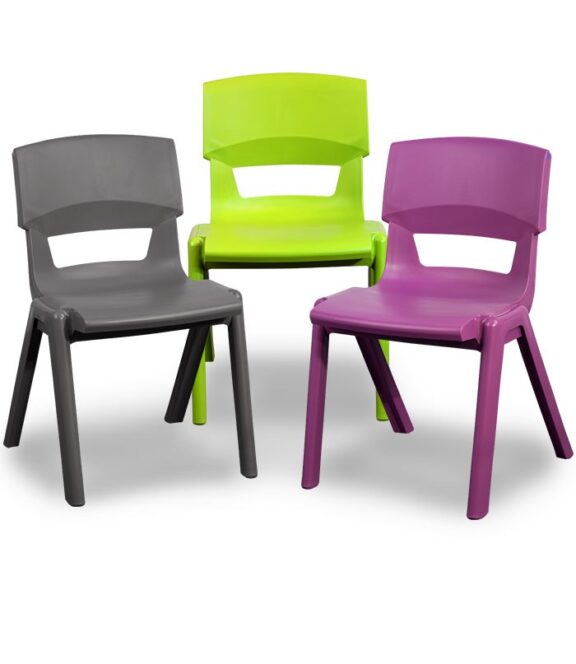 Trio of slate grey, lime zest and grape crush Postura Plus all plastic classroom chairs on a white background.