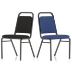 A black banqueting chair and a blue banquet chair angled away from each other on a white background.