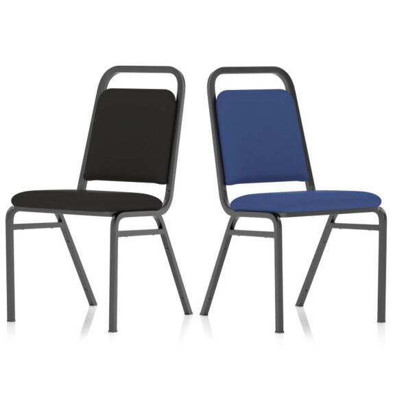 A black banqueting chair and a blue banquet chair angled away from each other on a white background.